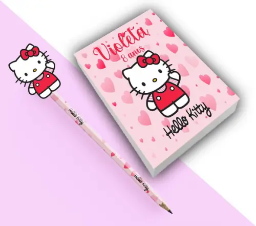 Bloquinho para Rascunho+ Lápis Hello Kitty Rosa com Vermelho