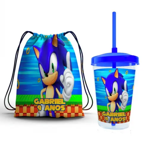 Kit Lembrancinha Copo 400ml Mochila Sonic