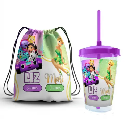 Kit Lembrancinha Copo 400ml+mochila Sininho e Gaby