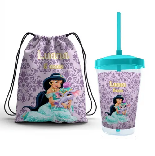 Kit Mochila 19x25 + Copo 400ml Personalizado Jasmine