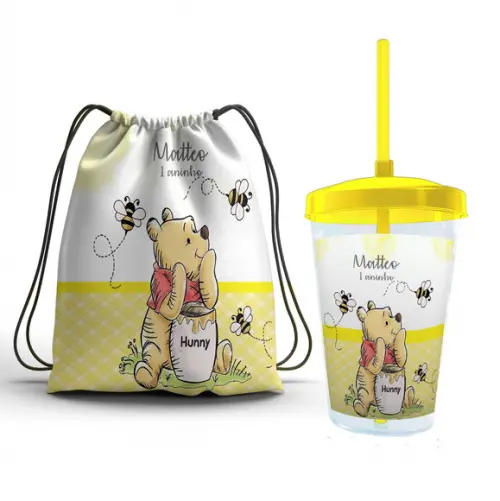 Kit Ursinho Pooh Copo 400ml e Mochila 19x25