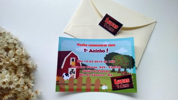 Convite Fazendinha + envelope + adesivo