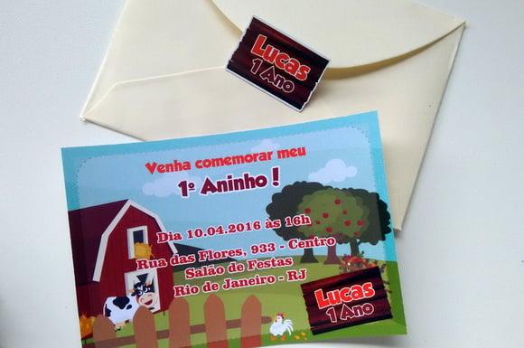 Convite Fazendinha + envelope + adesivo