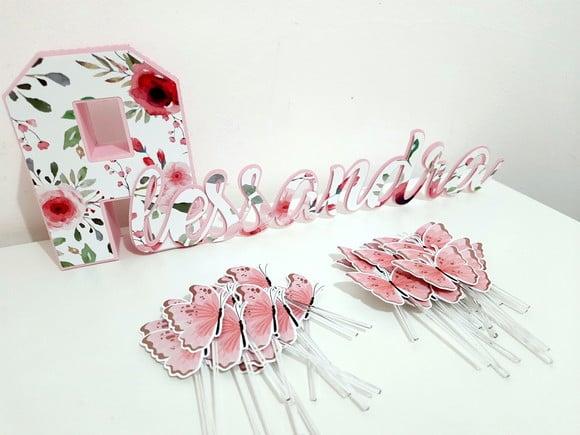 Nome e Toppers - Floral e Borboletas