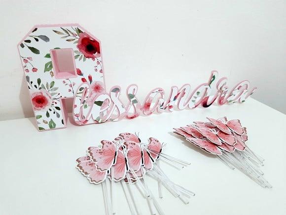 Nome e Toppers - Floral e Borboletas