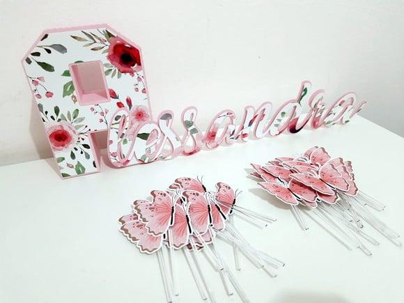 Nome e Toppers - Floral e Borboletas