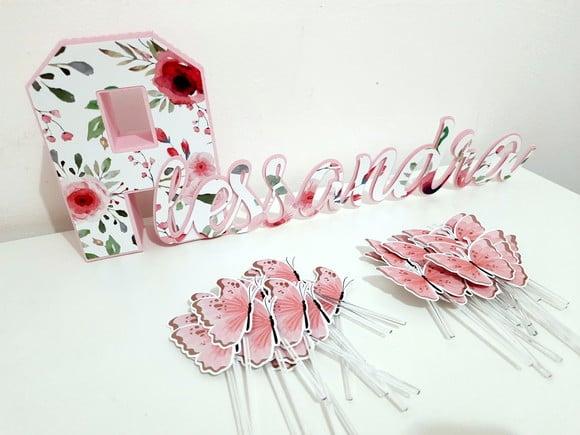 Nome e Toppers - Floral e Borboletas