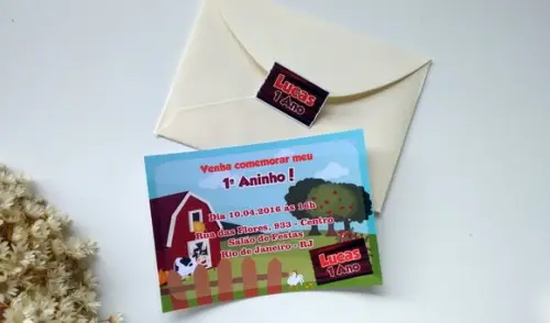 Convite Fazendinha + envelope + adesivo