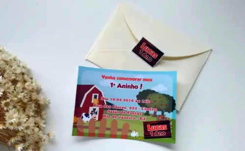 Convite Fazendinha + envelope + adesivo