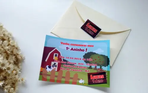 Convite Fazendinha + envelope + adesivo
