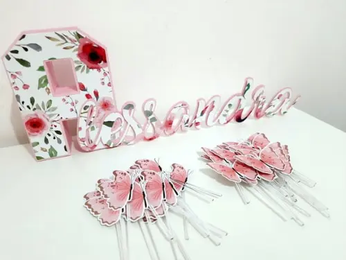 Nome e Toppers - Floral e Borboletas