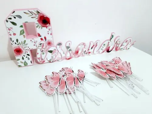 Nome e Toppers - Floral e Borboletas