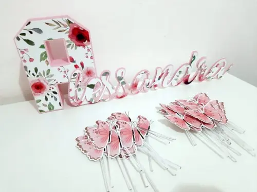 Nome e Toppers - Floral e Borboletas
