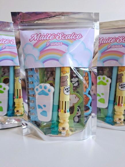 Kit Papelaria Fofa Saquinho com 6 Itens Arco Íris