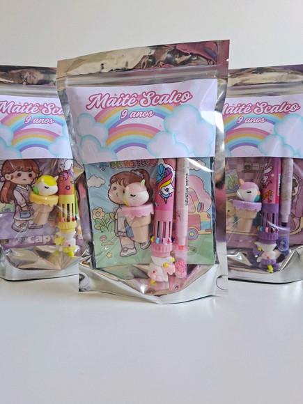 Kit Papelaria Fofa Saquinho com 6 Itens Arco Íris