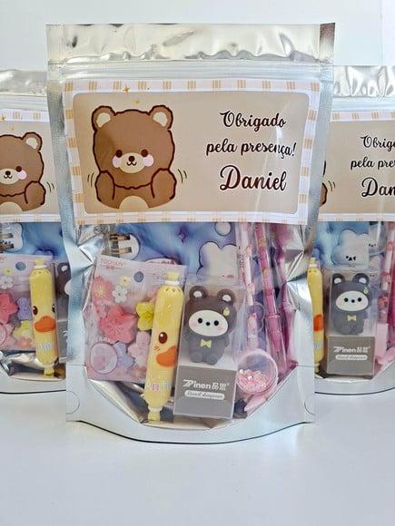 Kit Papelaria Fofa Saquinho Zip Personalizado Ursinho