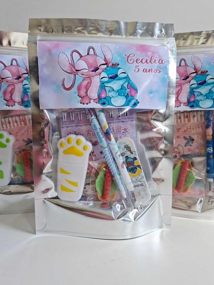Kit Papelaria Fofa Saquinho Zip Personalizado Stitch Angel