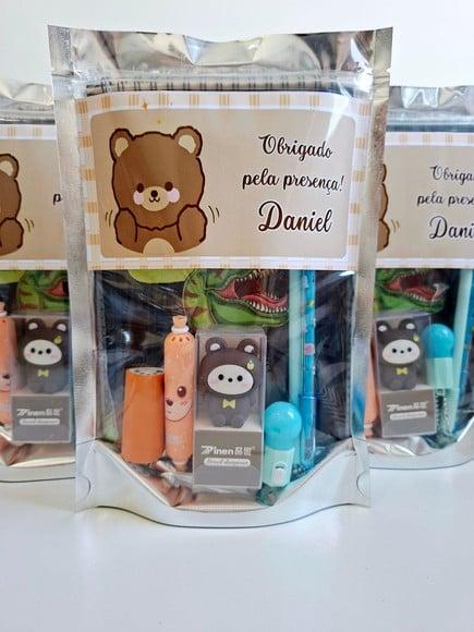 Kit Papelaria Fofa Saquinho Zip Personalizado Ursinho
