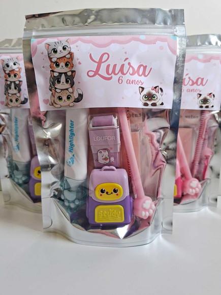 Kit Papelaria Saquinho Zip Personalizado Gatinho