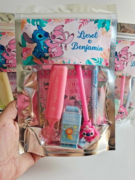 Kit Papelaria Saquinho Zip Personalizado Stitch Angel