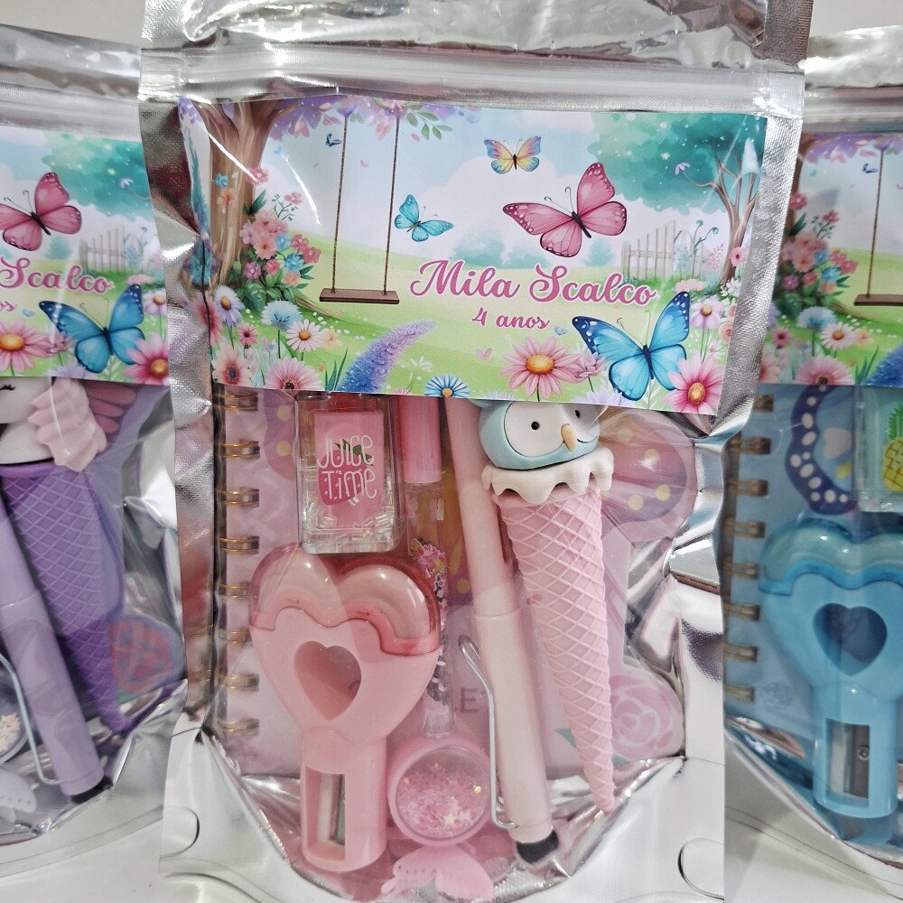 Kit Papelaria Saquinho Zip Personalizado Borboletas Jardim