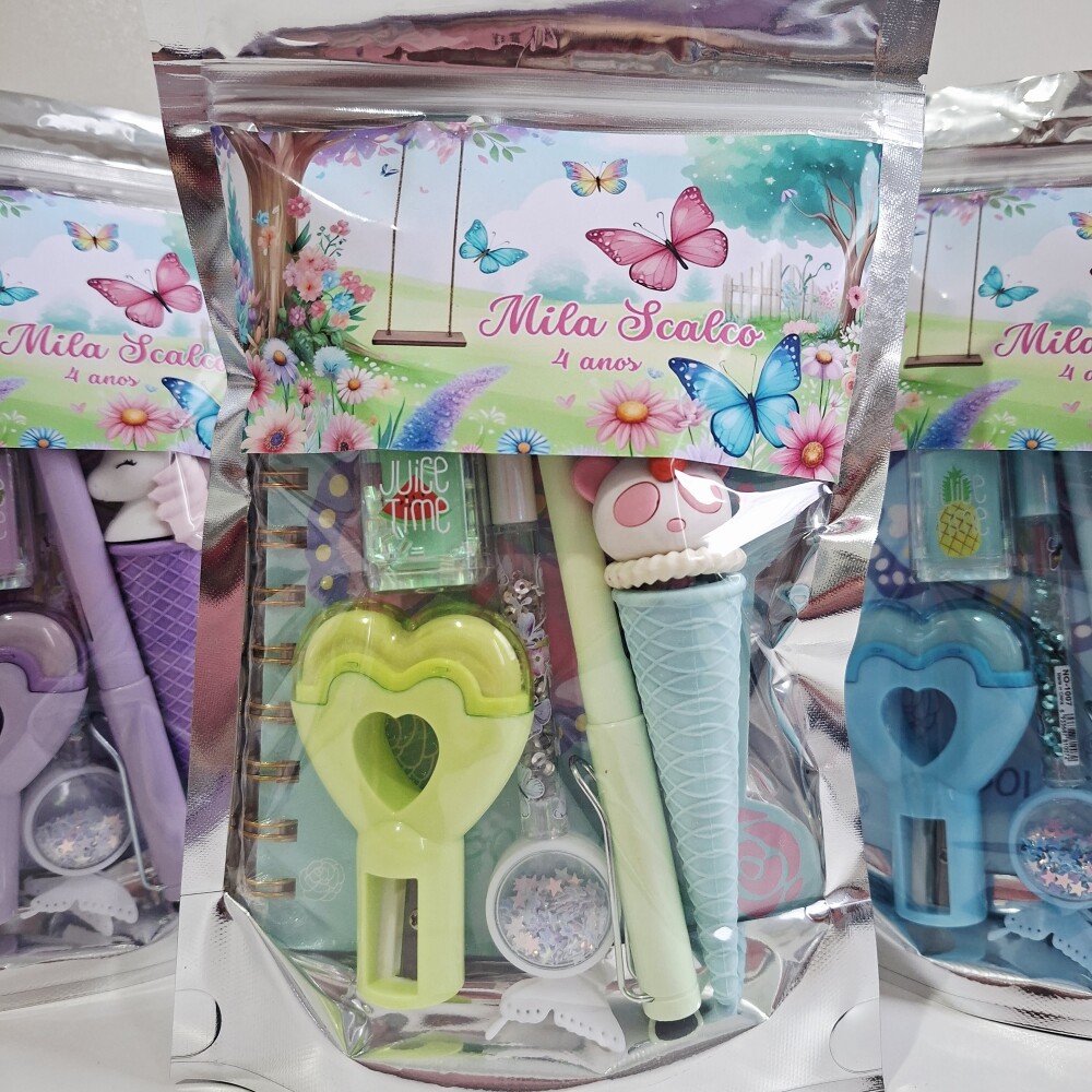 Kit Papelaria Saquinho Zip Personalizado Borboletas Jardim