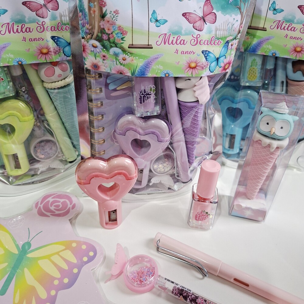 Kit Papelaria Saquinho Zip Personalizado Borboletas Jardim