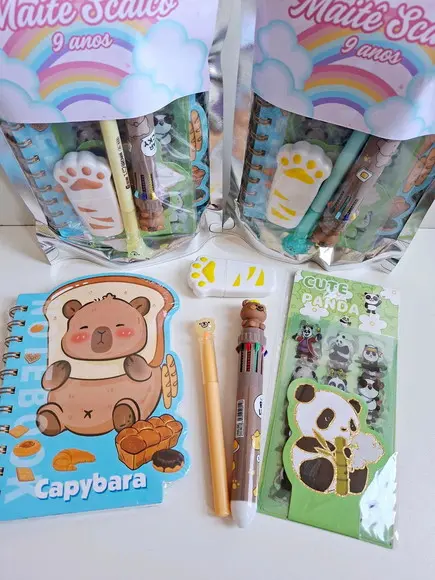 Kit Papelaria Fofa Saquinho com 6 Itens Arco Íris