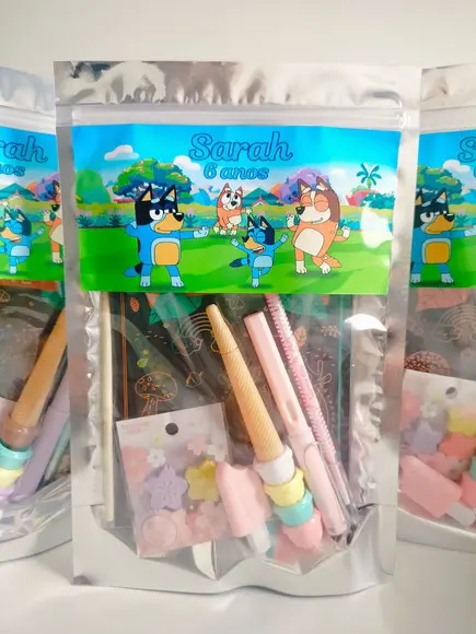 Kit Papelaria Fofa Saquinho com 6 Itens Bingo e Bluey