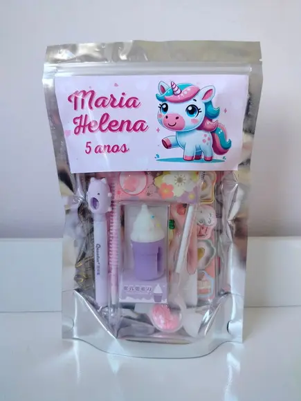 Kit Papelaria Fofa Saquinho com 6 Itens Unicórnio