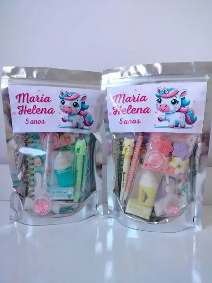 Kit Papelaria Fofa Saquinho com 6 Itens Unicórnio