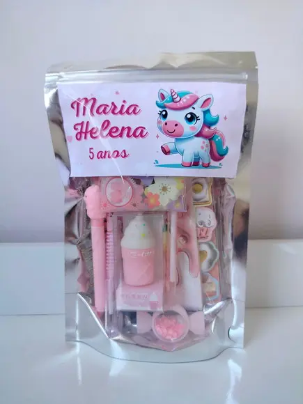 Kit Papelaria Fofa Saquinho com 6 Itens Unicórnio
