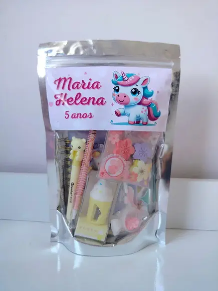 Kit Papelaria Fofa Saquinho com 6 Itens Unicórnio