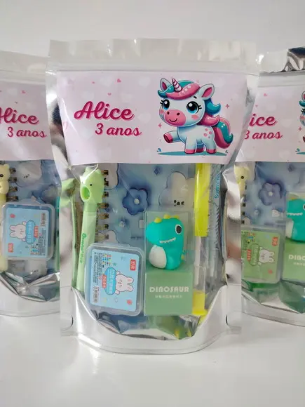 Kit Papelaria Fofa Saquinho com 6 Itens Unicórnio