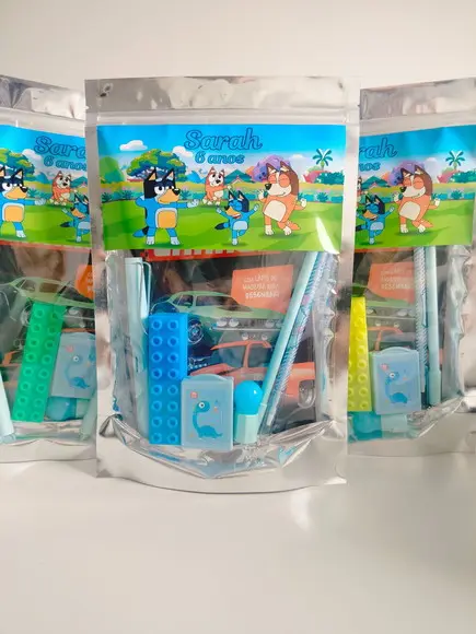 Kit Papelaria Fofa Saquinho Grande 20x30 Bingo e Bluey