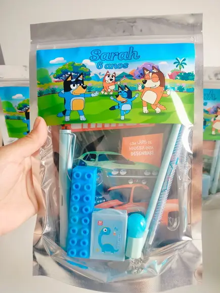 Kit Papelaria Fofa Saquinho Grande 20x30 Bingo e Bluey