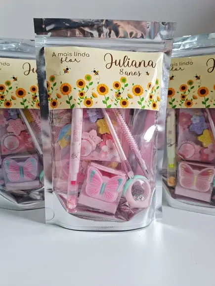 Kit Papelaria Fofa Saquinho Zip Personalizado Girassol