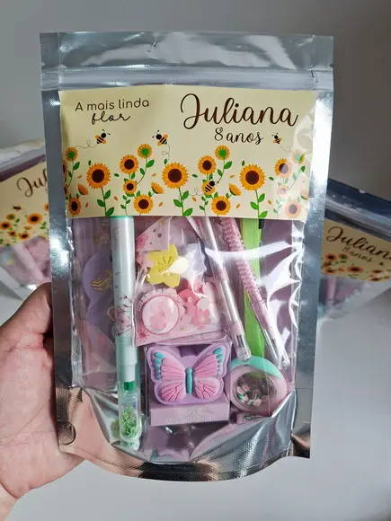 Kit Papelaria Fofa Saquinho Zip Personalizado Girassol