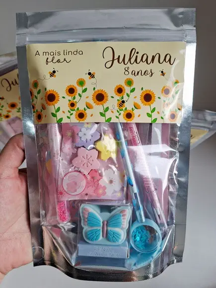 Kit Papelaria Fofa Saquinho Zip Personalizado Girassol