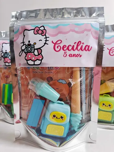 Kit Papelaria Fofa Saquinho Zip Personalizado Hello Kitty