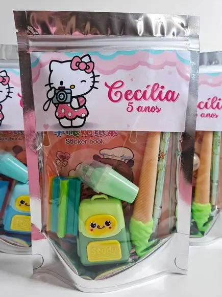 Kit Papelaria Fofa Saquinho Zip Personalizado Hello Kitty