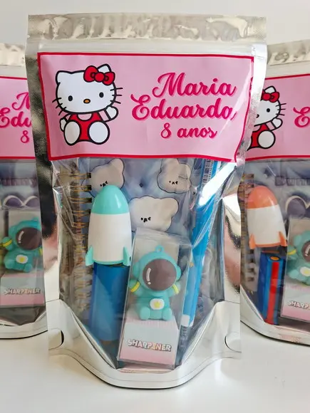Kit Papelaria Fofa Saquinho Zip Personalizado Hello Kitty