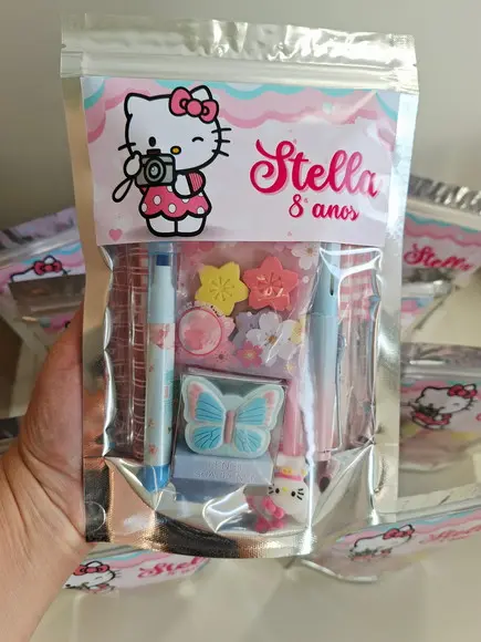 Kit Papelaria Fofa Saquinho Zip Personalizado Hello Kitty