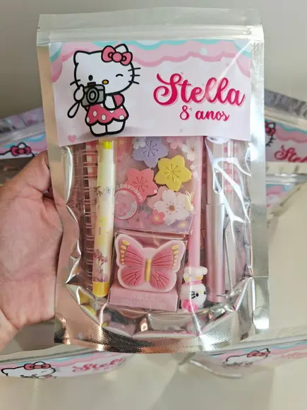 Kit Papelaria Fofa Saquinho Zip Personalizado Hello Kitty