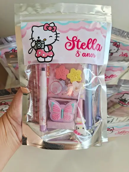 Kit Papelaria Fofa Saquinho Zip Personalizado Hello Kitty