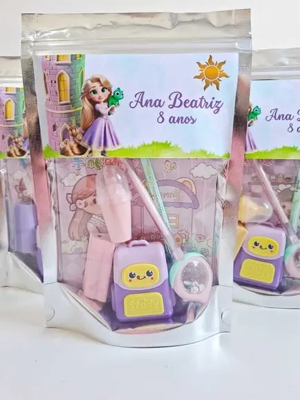 Kit Papelaria Fofa Saquinho Zip Personalizado Rapunzel