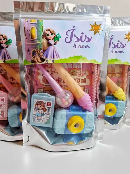 Kit Papelaria Fofa Saquinho Zip Personalizado Rapunzel