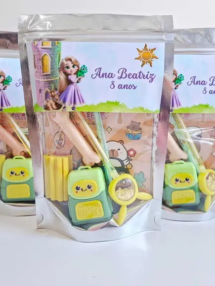 Kit Papelaria Fofa Saquinho Zip Personalizado Rapunzel