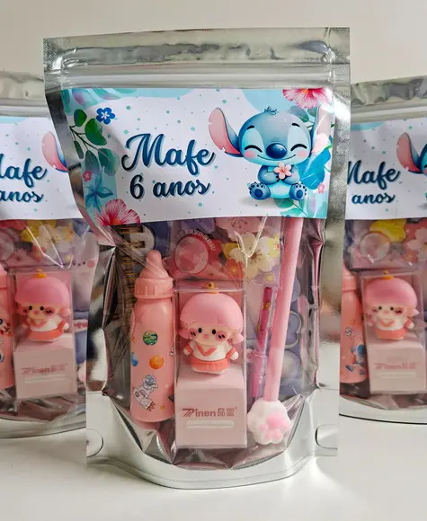Kit Papelaria Fofa Saquinho Zip Personalizado Stitch