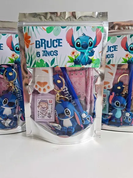 Kit Papelaria Fofa Saquinho Zip Personalizado Stitch